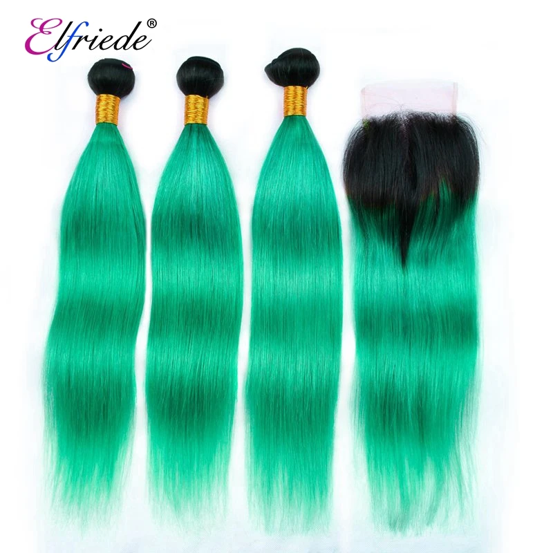 Elfriede Ombre #1B/Green Straight Hair Bundles with Closure 100% Remy Human Hair 3 Bundles with 4x4 Transparent Lace Closure