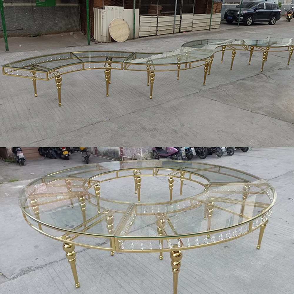 

Popular Luxury Sector Glass Top Marble Serpentine Table Wedding Gold Stainless Steel Half Moon S Shape Party Tables