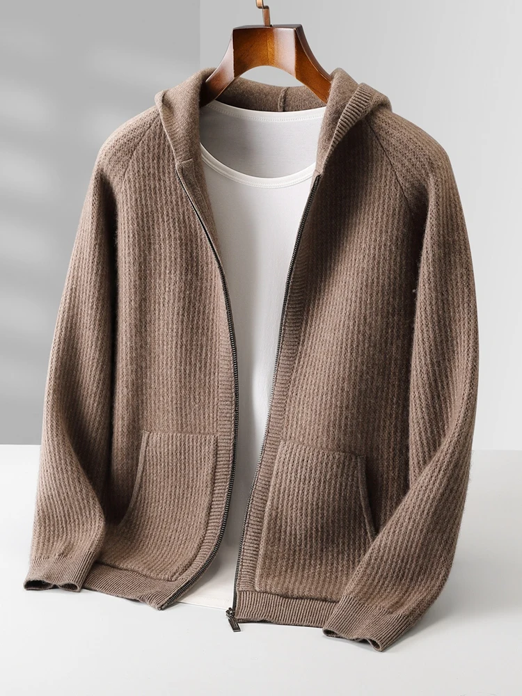 Daily Clothes Autumn Winter Sweater Men's Coat 100% Merino Wool Sweater Cardigan Knitted Jacket Thicked Hooded Outerwears Trend