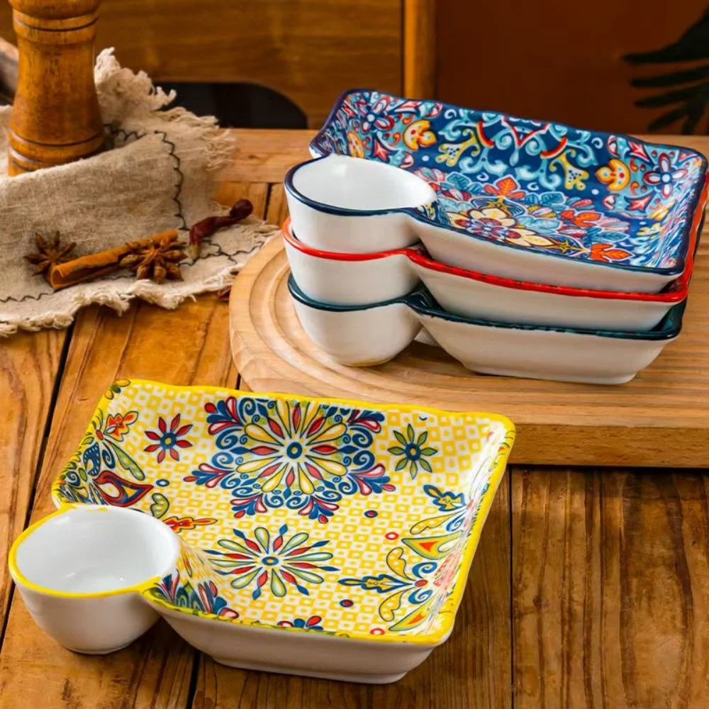 Bohemian dumpling plate with vinegar dish, household ceramic plate, segmented breakfast plate, high-end dumpling-specific plate view 4