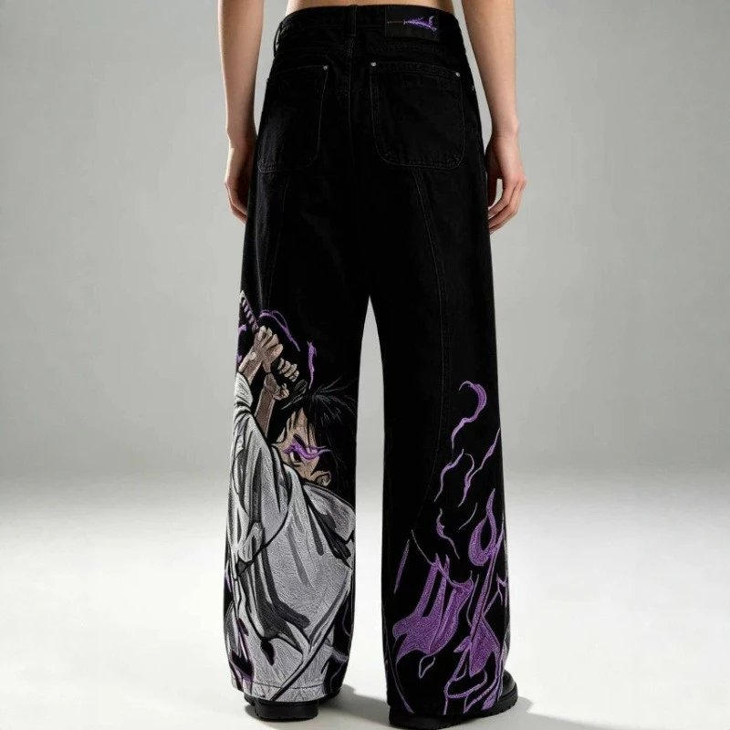 New Mens Harajuku Anime Character Embroidery Y2K Jeans Purple Flame Pattern Baggy Denim Pants Hip Hop Streetwear Loose Trousers