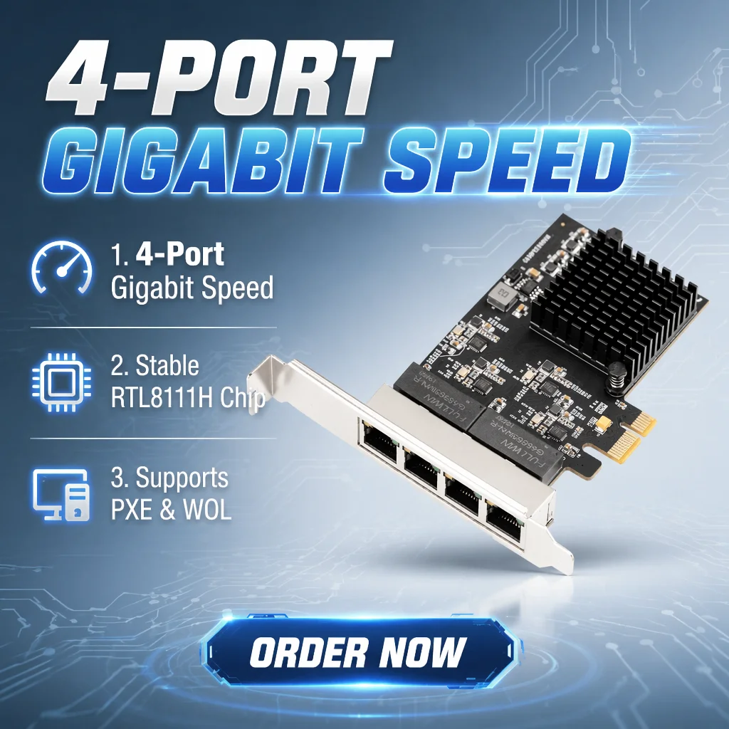 Quad Port Gigabit Network Card PCIe 4 RJ45 Adapter 1000Mbps Rtl 8111H Low Profile Bracket NIC for Desktop Server PC LAN