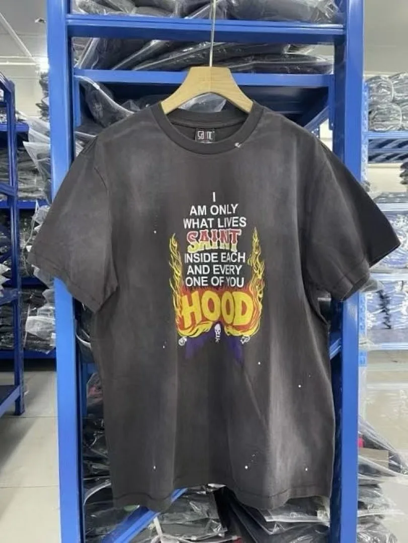 25SS Saint x HOOD Co-branded I AM ONLY WHAT LIVES Printed Women Men T shirts tees Hiphop Casual Men Washed Cotton T shirt