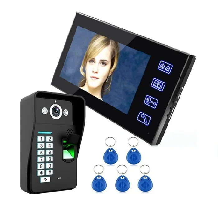 Vídeo porteiro com fio de 7 polegadas com senha de impressão digital e cartão de identificação