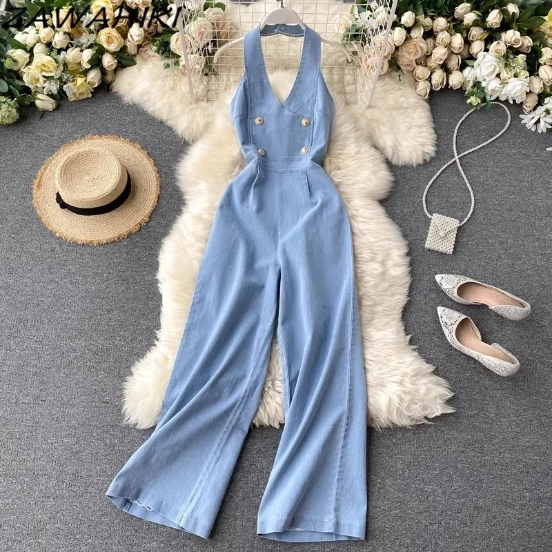 

Denim Jumpsuit Women Halter Sleeveless Combinaison Femme High Waist Wide Leg Bodysuit Female Temperament Office Lady Ropa Mujer