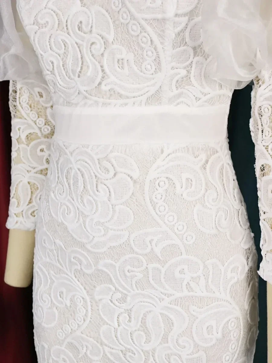 Robe de Rhvintage en dentelle pour dames, manches longues lanterne, blanc, rose, tambour, grande taille, 3XL, 4XL, robe de soirée élégante