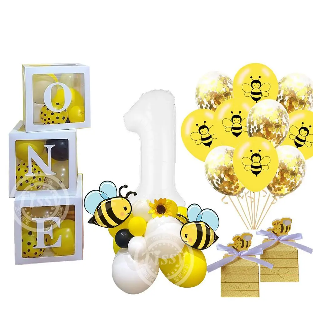 Honey Bee Balloon Boxes Set Paper Confetti Banner Cake Toppers for Kids Bee Themed 1st Happy Birthday Party Decoration Supplies