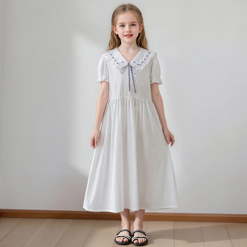 

Girls White Navy Collar Dress Puff Sleeve Lace Trim Bow Midi Dress for Kids Preppy Summer Casual Wear Birthday Party Outfits 8 Y