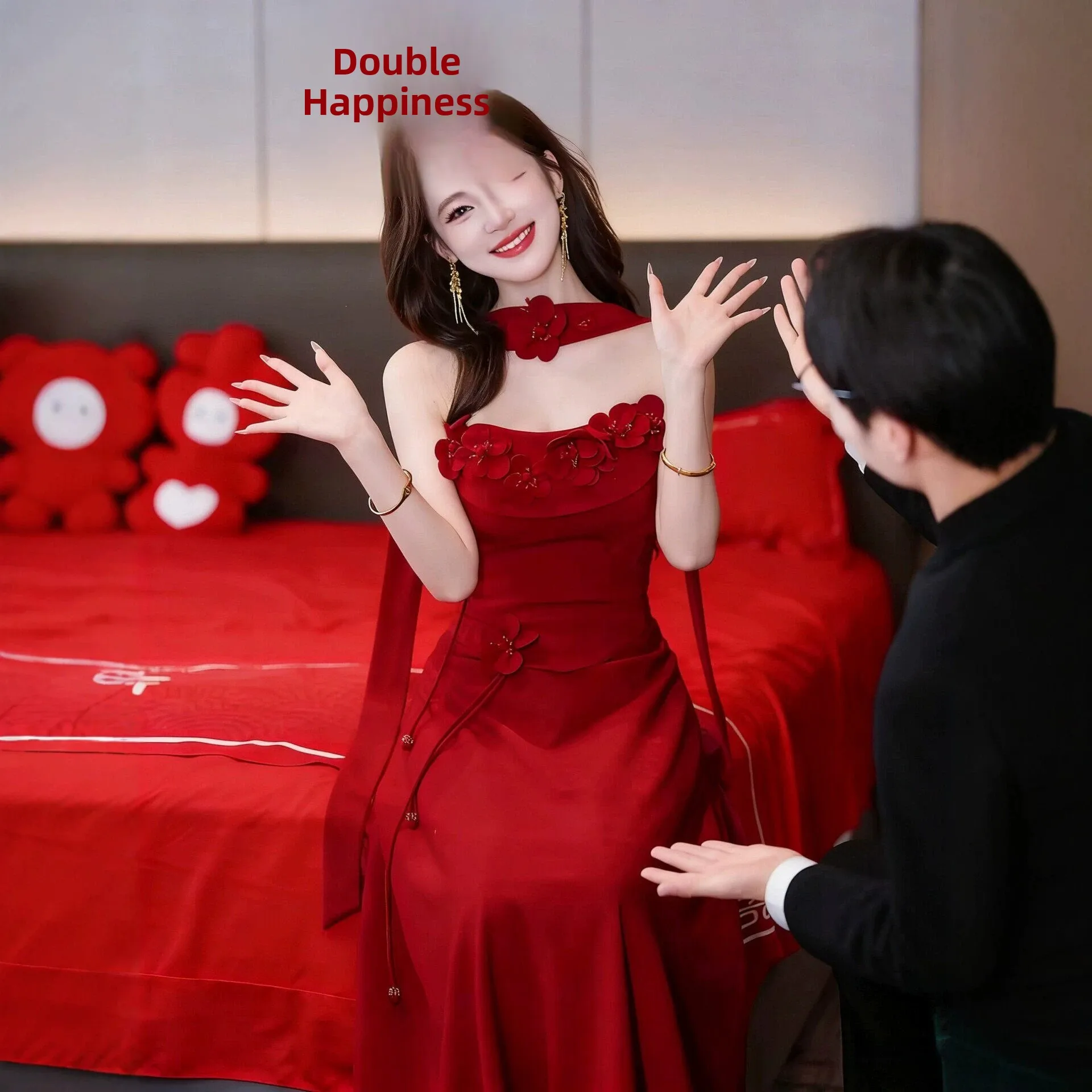 Red Wedding Dress Chinese Style New Bride Bustier Morning Robe Women High End Luxury Return Home Banquet Engagement Ceremony