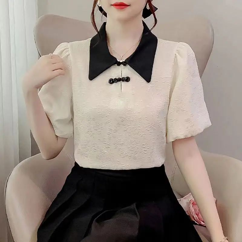 Women Summer Chinese Style Slim Embroidered Flares Chiffon Peter Pan Collar Short Sleeve Shirts Ladies Casual All-match Top Tee