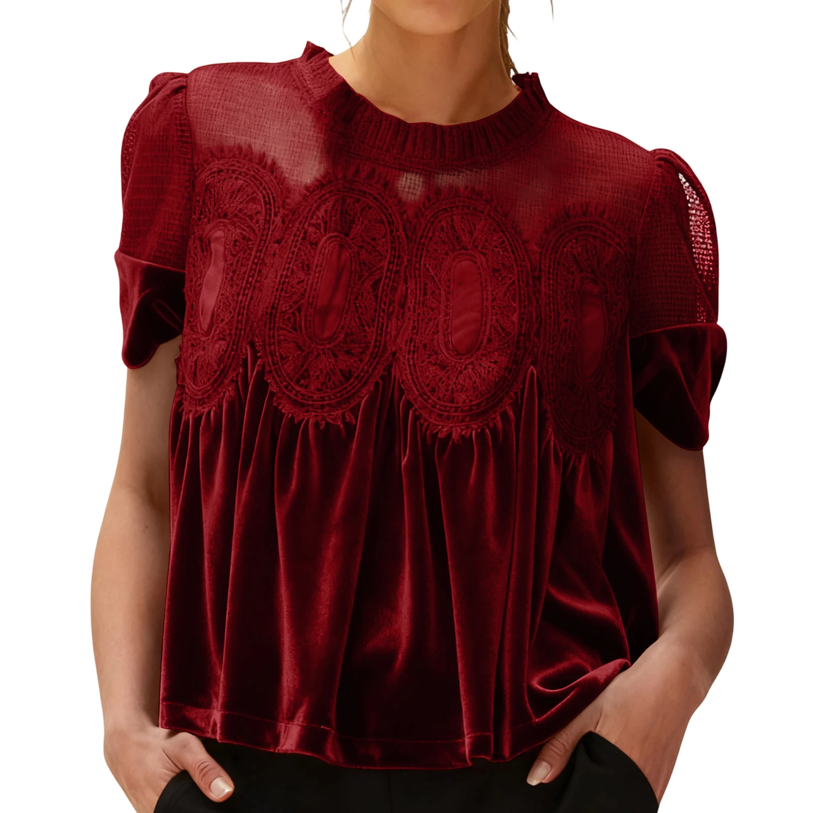 

Lace Velvet Short Sleeve Top Crew Neck Patchwork Fashion Stylish Casual Ladies Elegant Comfortable Daily Wear Blouse