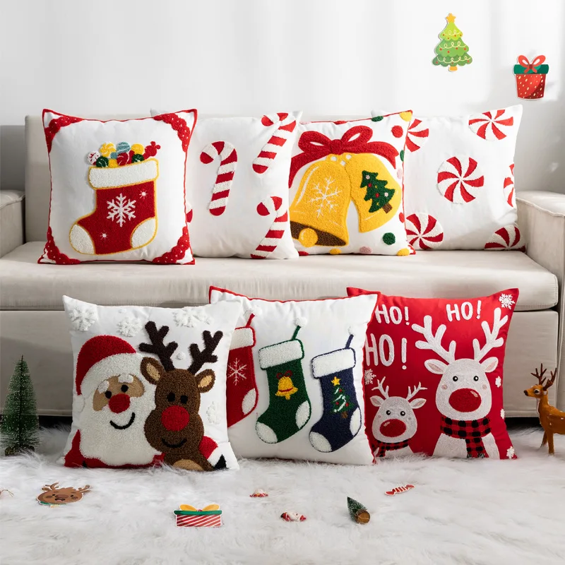 Pillowcase (without Insert) Towel-embroidered Santa Claus and Snowflake Cushion Cover Luxury Minimalist Sofa Cushion Cover