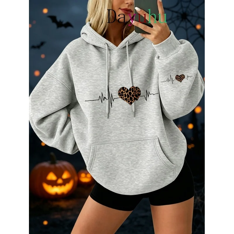 Trendy Oversized Pullover Hoodie Halloween Leopard Heartbeat Ecg Print Autumn Winter Street Wear Daily Lounge Wear