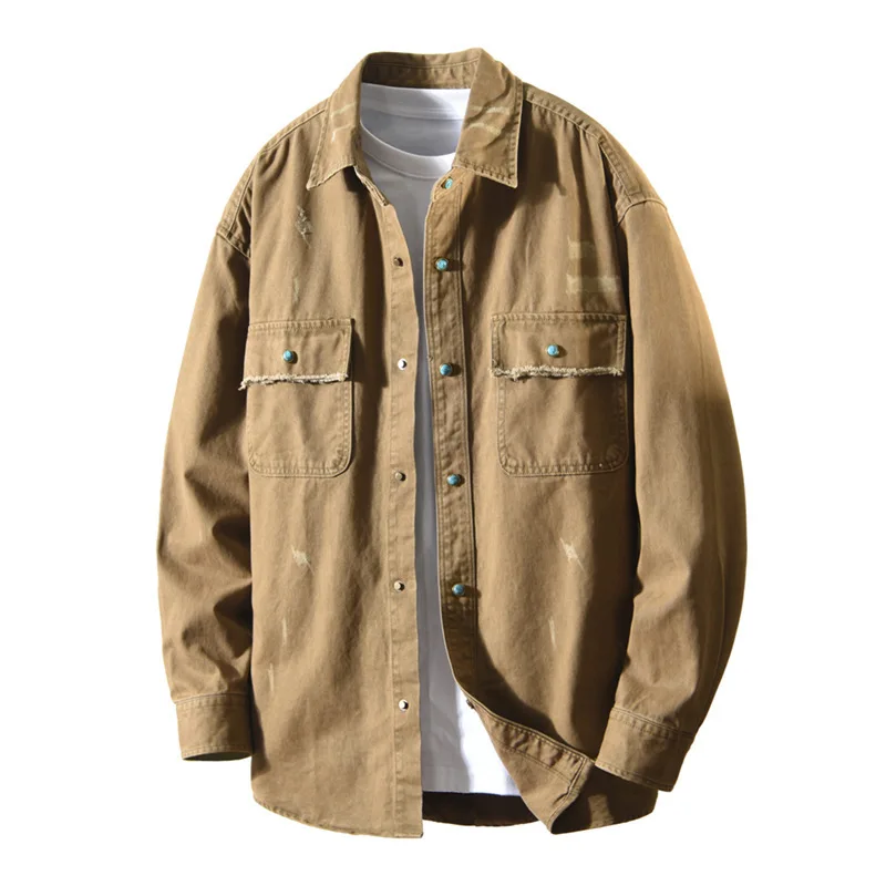 

Мужская потертая рубашка из 100% хлопка с тонкой саржевой отделкой, осень 202, американская винтажная повседневная рабочая одежда, большие размеры 4XL