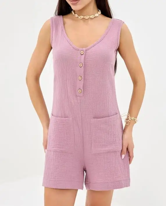 

Bodysuit Women Summer New Casual Elegant Solid Color Simple Daily Versatile Round Neck Button Pocket Decoration Loose Jumpsuit