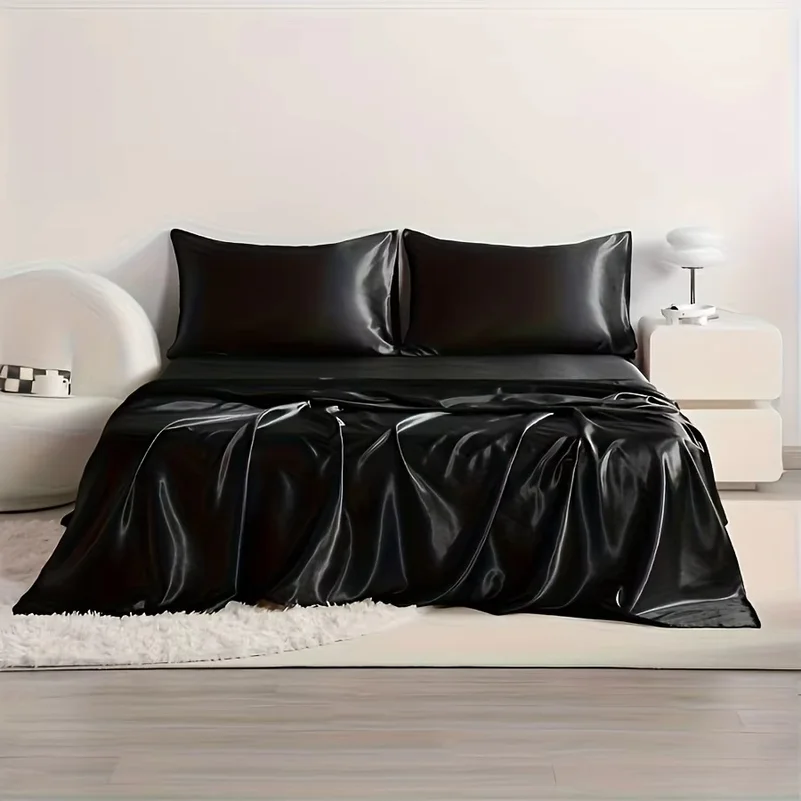 4pcs Cooling Satin Bed Sheet Set, Shrink-Resistant, Fade-Resistant, Hypoallergenic, Breathable, Flat Sheet & Fitted Sheet & Pill