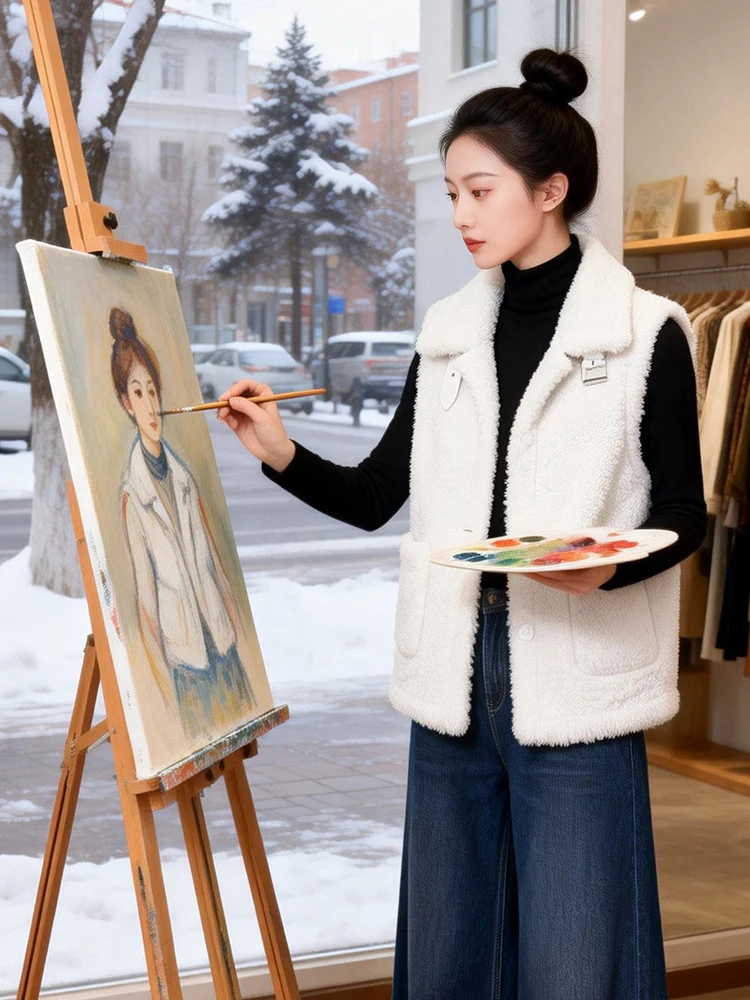 

Thiened Fce Women's Vest Winter Outerwear Warm Sli Mom's Jaet Loose Fit Commute Sle Color Single Button