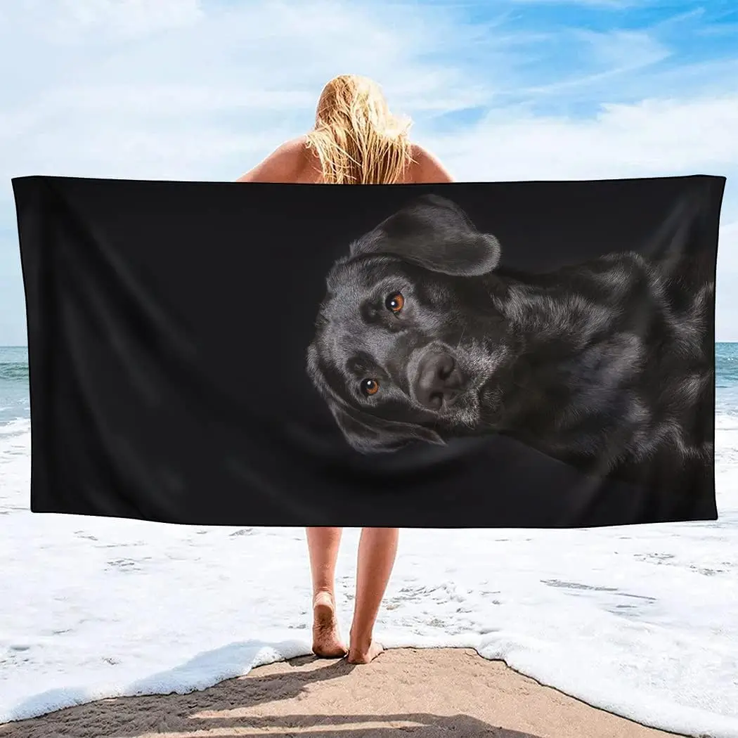 Black Labrador Retriever Print Beach Towel Absorbent Quick-Dry Microfiber Towel for Dog Lovers, Summer Vacation Pool Use