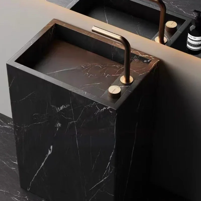 Rock slab integrated column basin black balcony wash basin washbasin Roman travertine