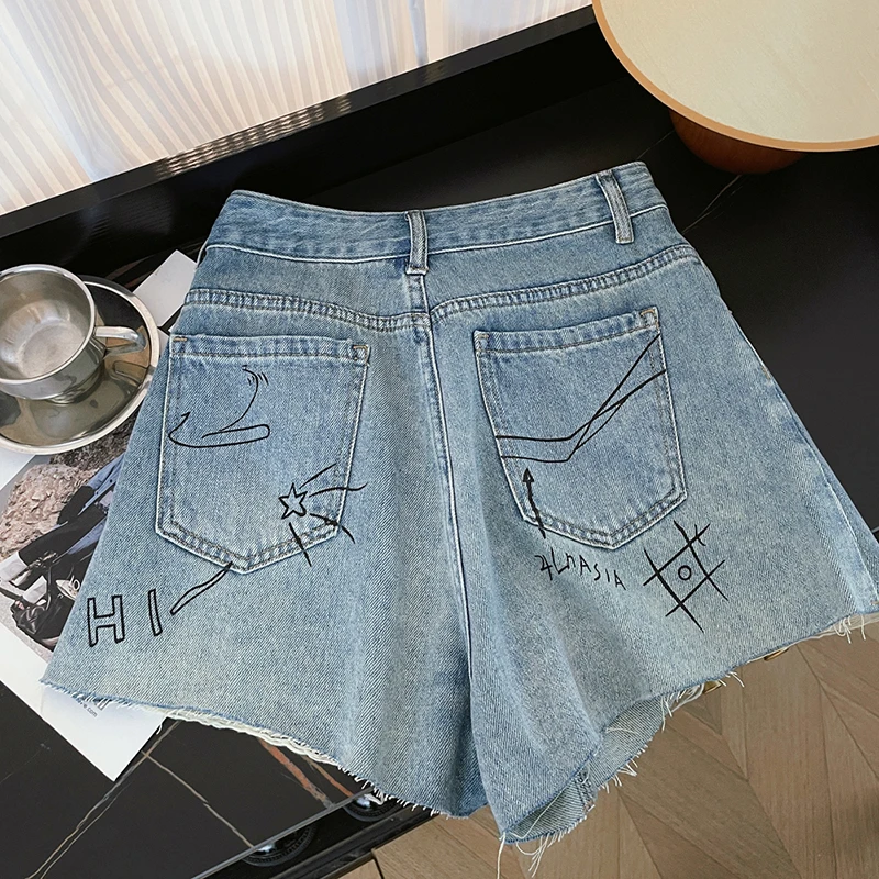 Rabbit graffiti print ripped raw edge new summer loose high waist denim ladies shorts fun casual holiday straight slim shorts