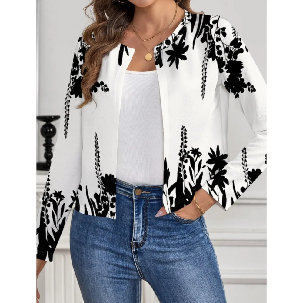 Fall New Printed Casual O Neck Long Sleeved Cardigan Women Short Fashion SIim Simple Elegant Suitable Office Blazer Female Coat 5