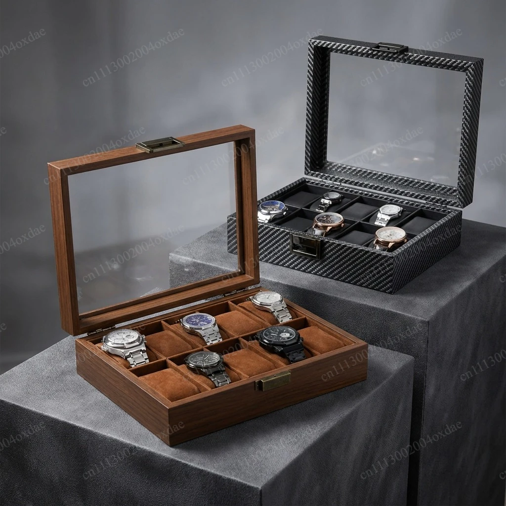 Carbon fiber grain wood 10-digit watch storage collection display box 10 pcs watch storage wooden box