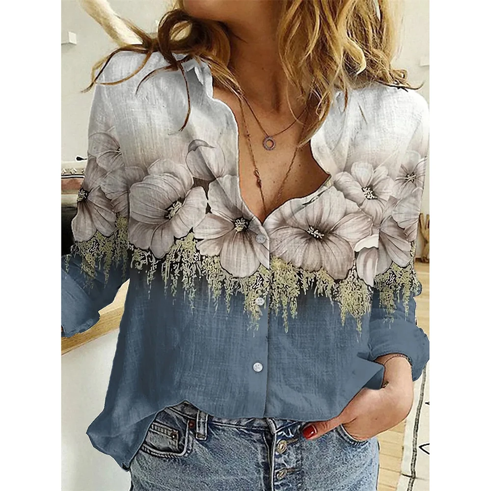 Womens Fashion Printed Shirt Pattern Button Top Slim Fit Comfortable Clothing Ladies Lapel Button Casual Long Sleeve Shirt