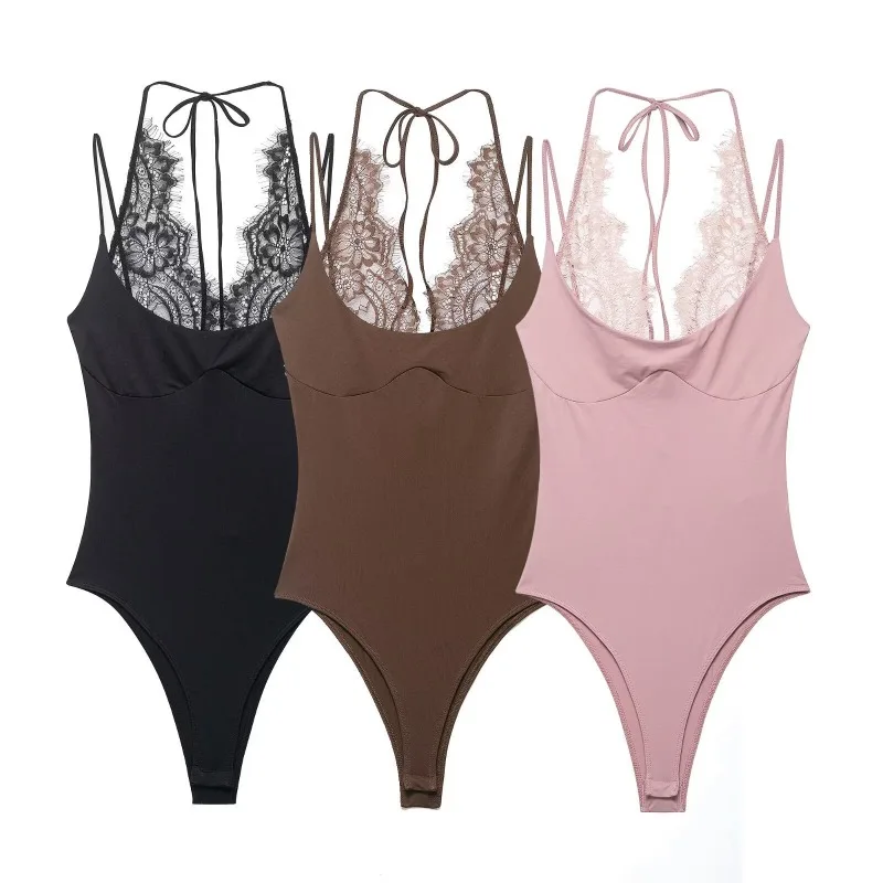 Women's Lace Trim Halter Bodysuit - Double Spaghetti Straps Deep V Neck Thong Back Snap Crotch Lingerie Top