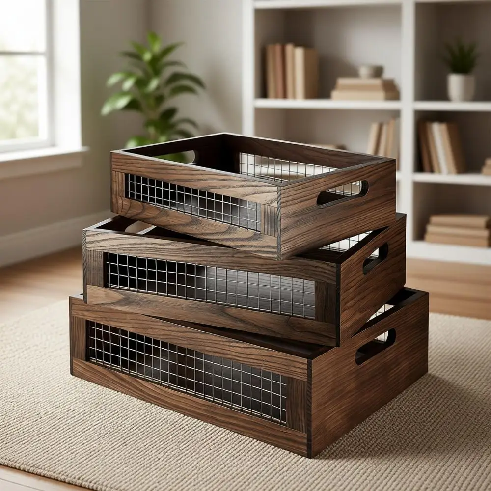 

Набор из 3 деревянных вкладышающихся корзин для хранения на кухне, в ванной и кладовой | Идеально подходит для фруктов, овощей, хлеба | Декор в деревенском стиле