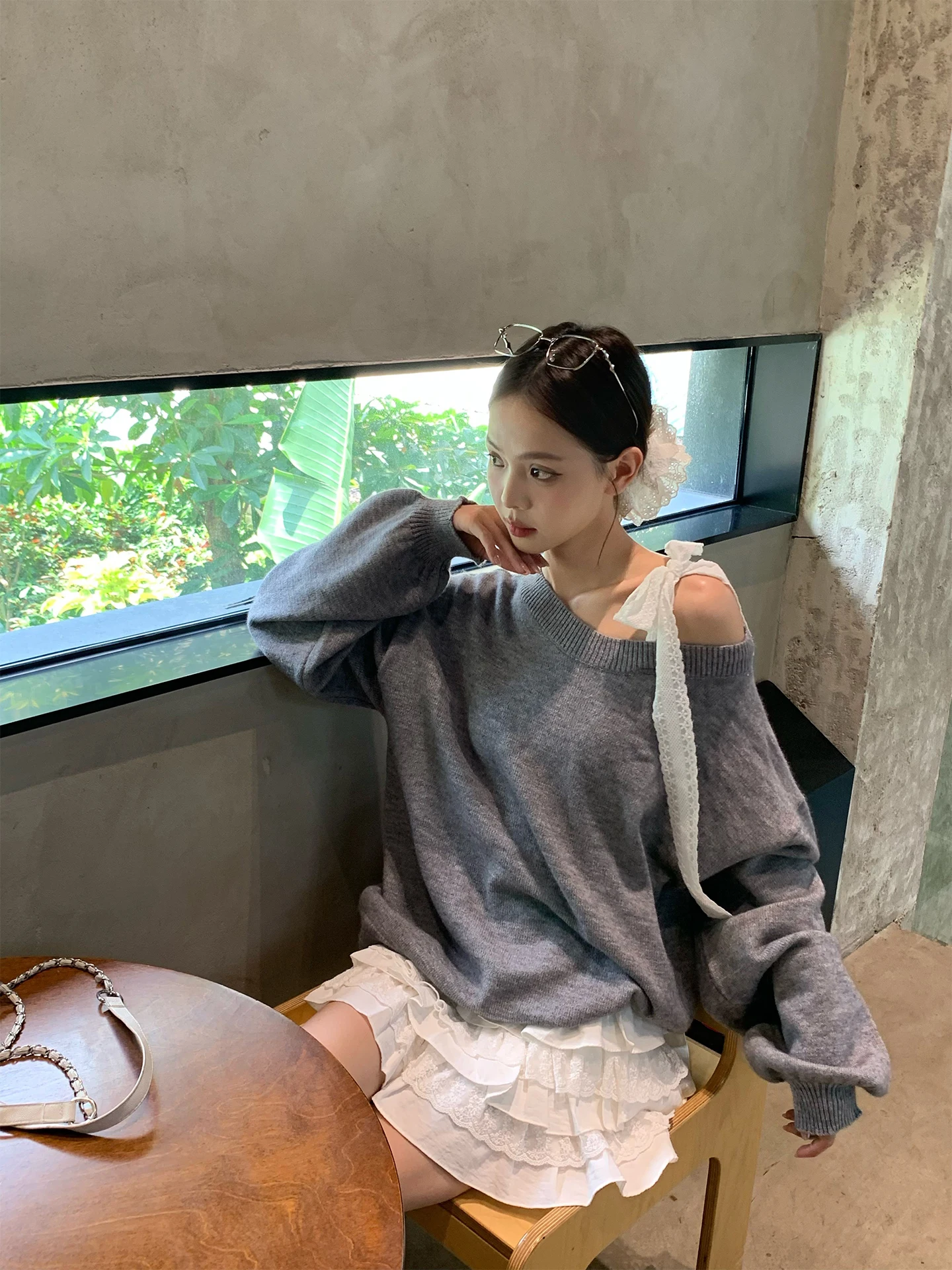 

Свободный повседневный корейский женский вязаный свитер с галстуком-бабочкой и кружевной отделкой, костюмы All Ocns, осенний модный топ