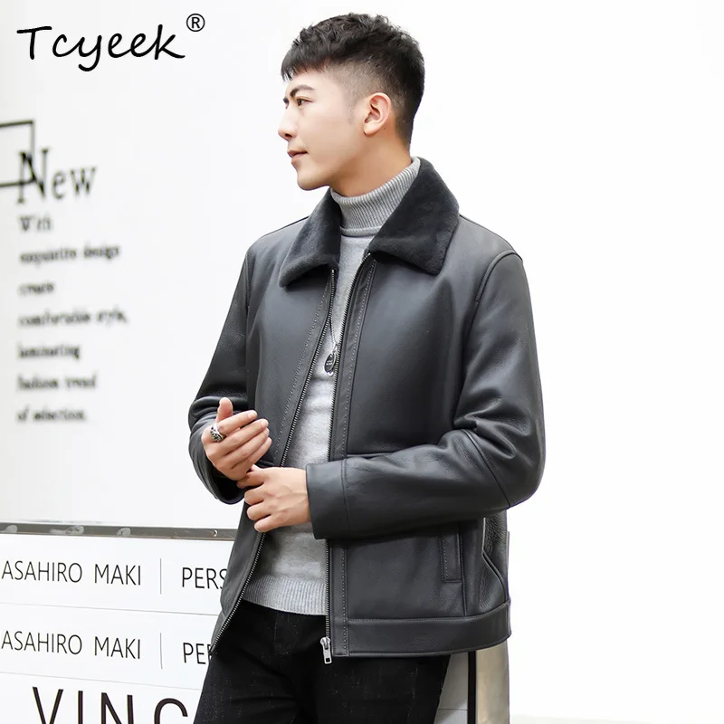 Tcyeek Genuine Leather Jacket Men 2025 Winter Clothes Motocycle Jackets Natural Sheepskin Fur Coats Short Style Куртка Мужская