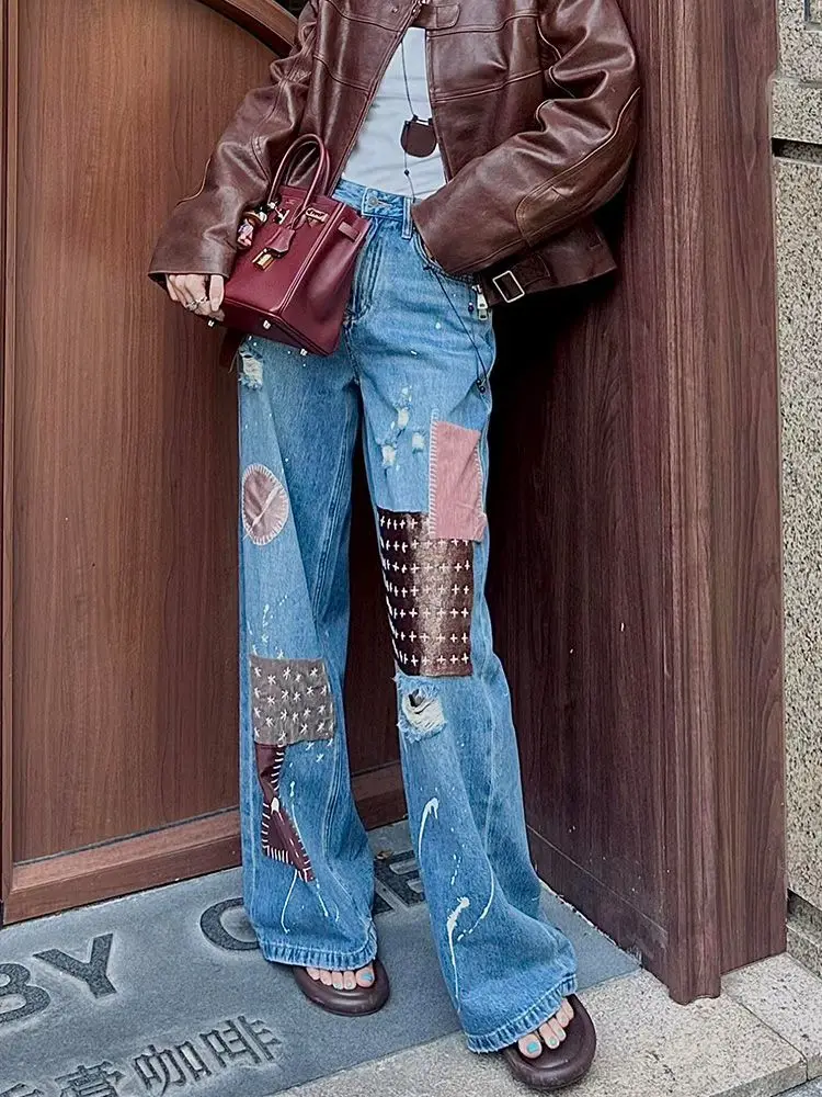 

Autumn New Retro Design Sticker Splicing Jeans Spice Girls Washed Holes Ripped Trousers Baggy Jeans