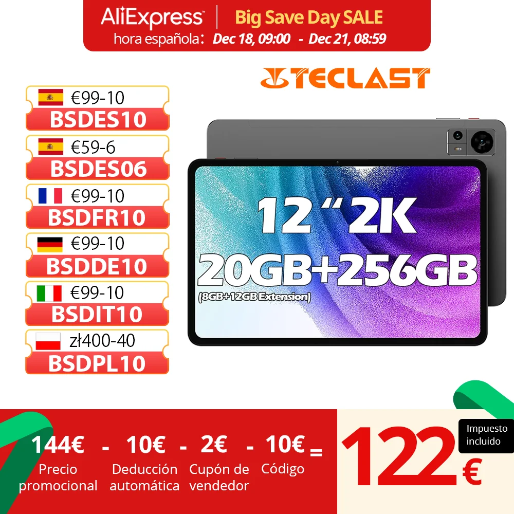 Teclast T60 12 inch 2000x1200 Android 14 Tablet UNISOC T616 8 Core 8GB + 12GB RAM 256GB ROM 4G LTE Dual SIM type C 8000mAh support Widevine L1