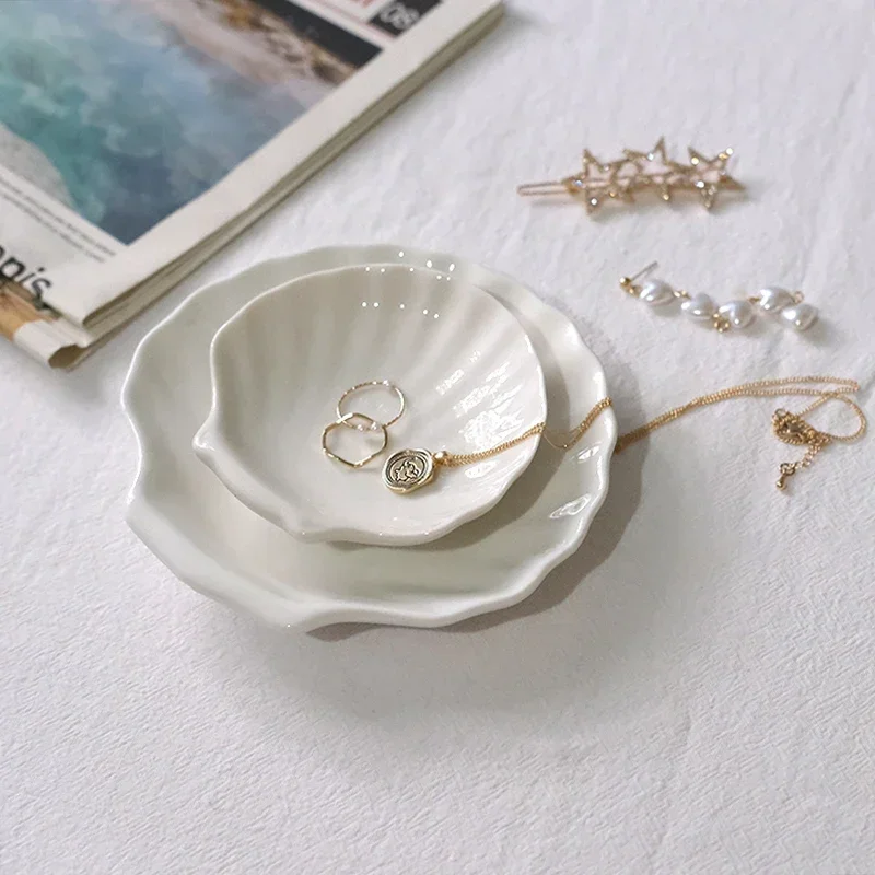 Jewelry Storage Trays Shell Plate Storage Trays Pure White Ceramic Storage Dishes Ring Earings Plate Home Decorative Tray