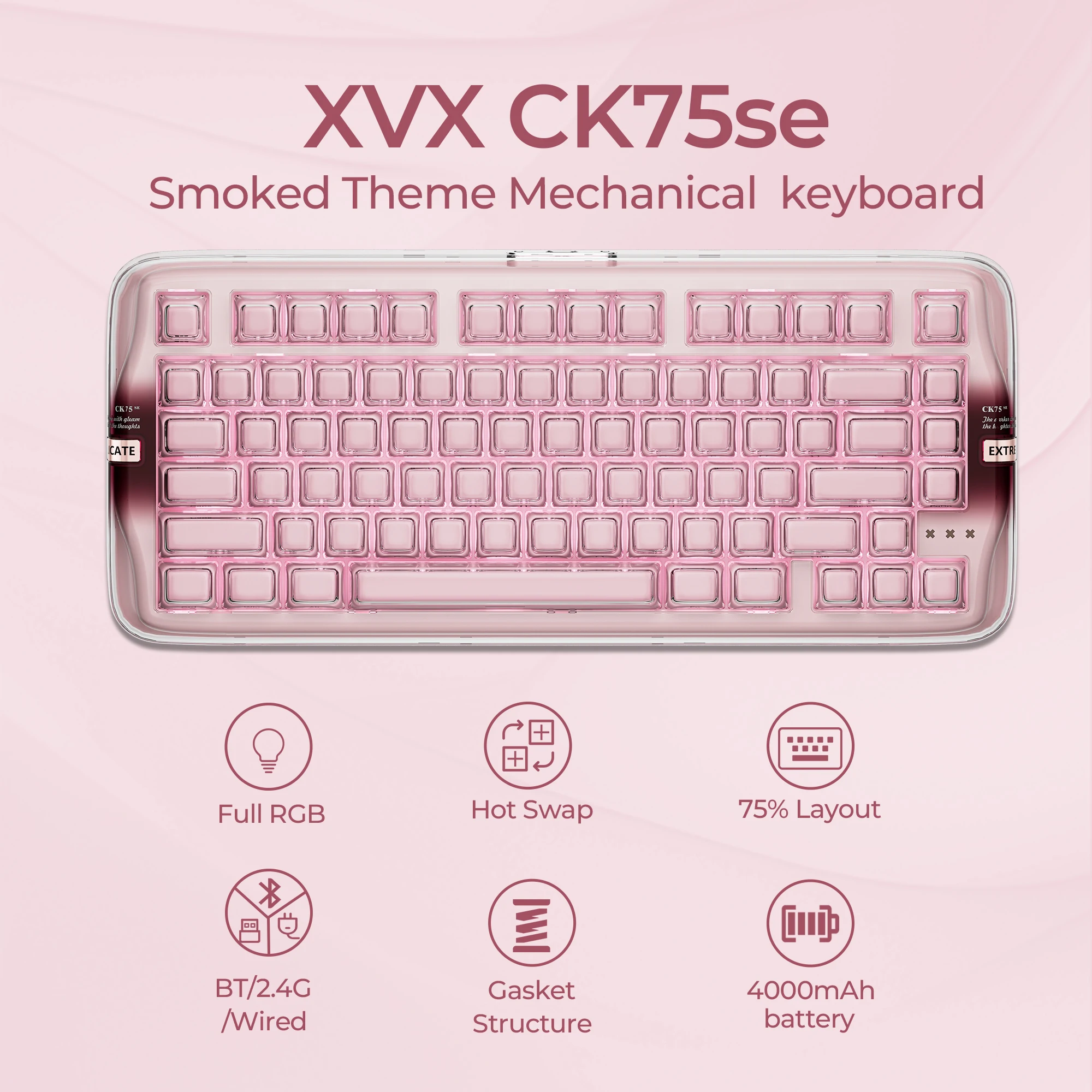 XVX x CoolKiller CK75 SE 75% Tri-Mode Mechanical Keyboard, Gasket Mount Hot-Swap Linear Switch, Crystal Jelly Pink Keyboard