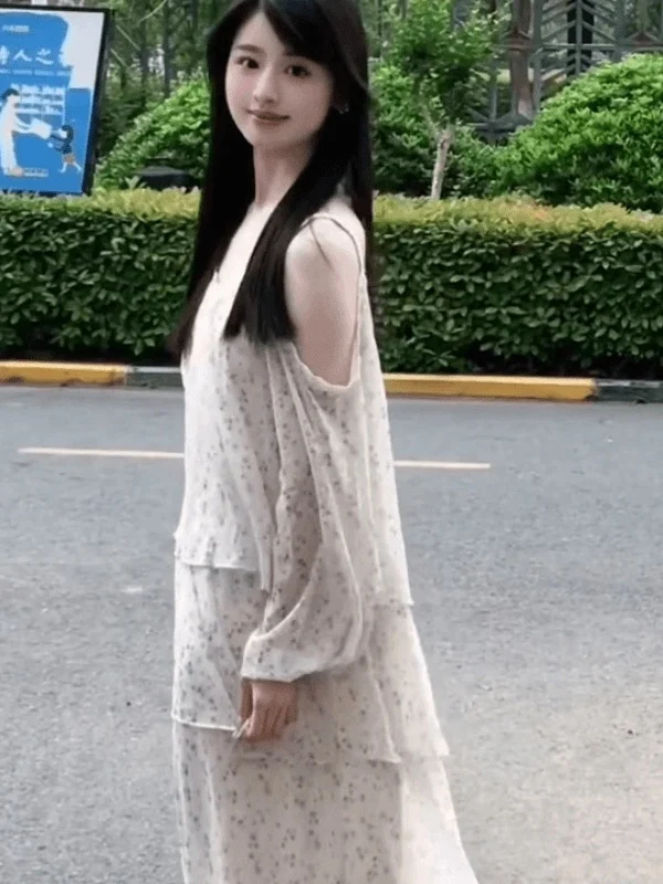 Holiday Floral Print oulder Bared Dr Women's mid Length a Line Skirt Casual Sle High Waist Summer Season Long Sve