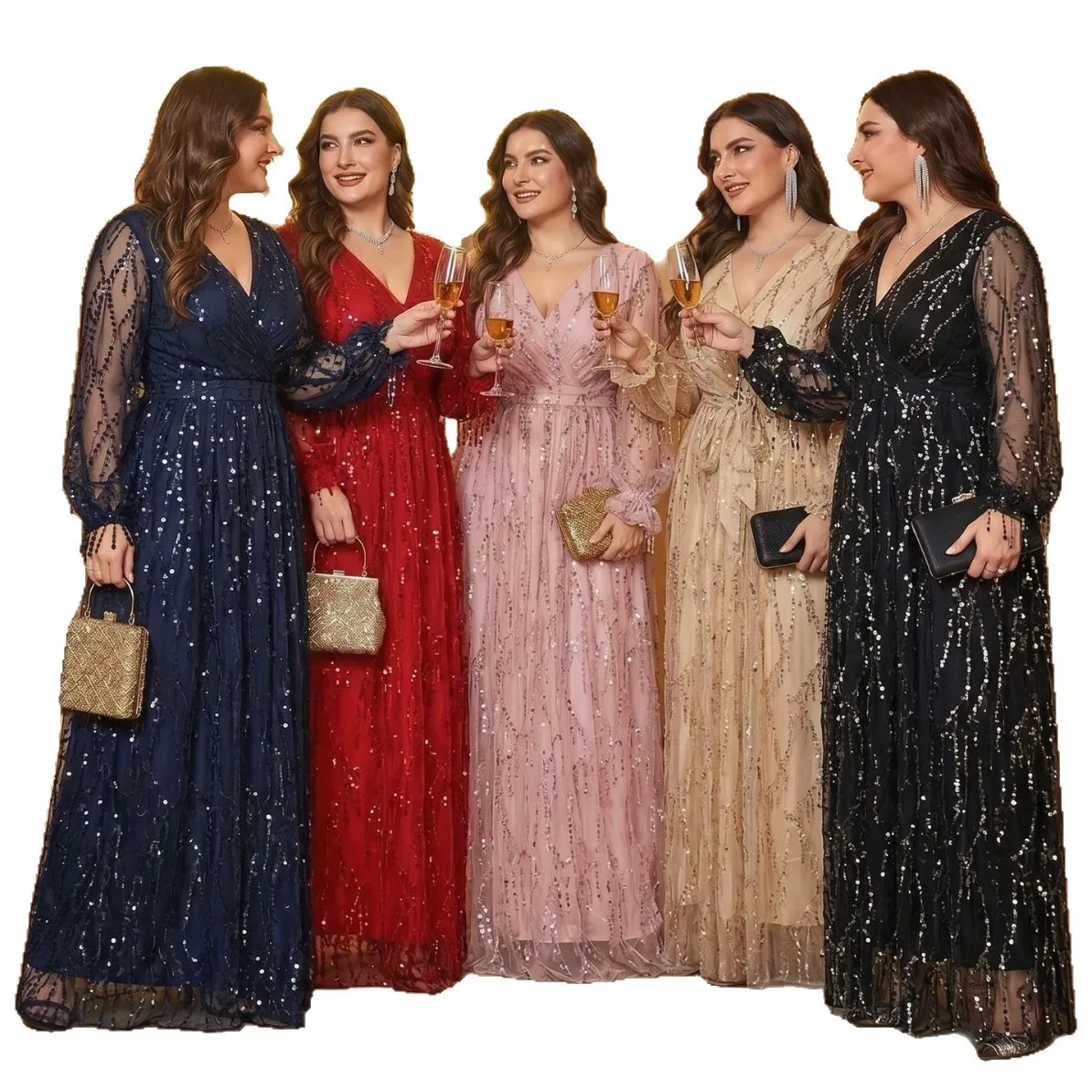 Curvy Ladies Sparkle Tulle Floor Dress V Neck Sheer Mesh Sleeve Wrap Waist A Line African Church Bridesmaid Evening Party