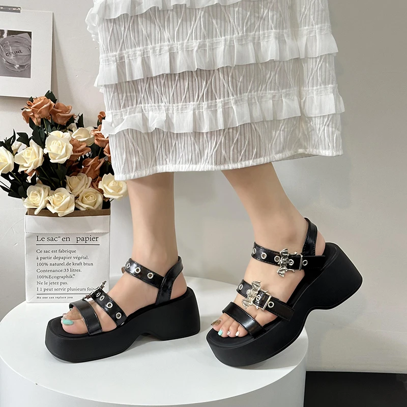 Summer Platform Women Sandals Gothic Lolita Kawaii Girls Luxury Trend Rock Casual Beach Flats Pink Black 2024 New