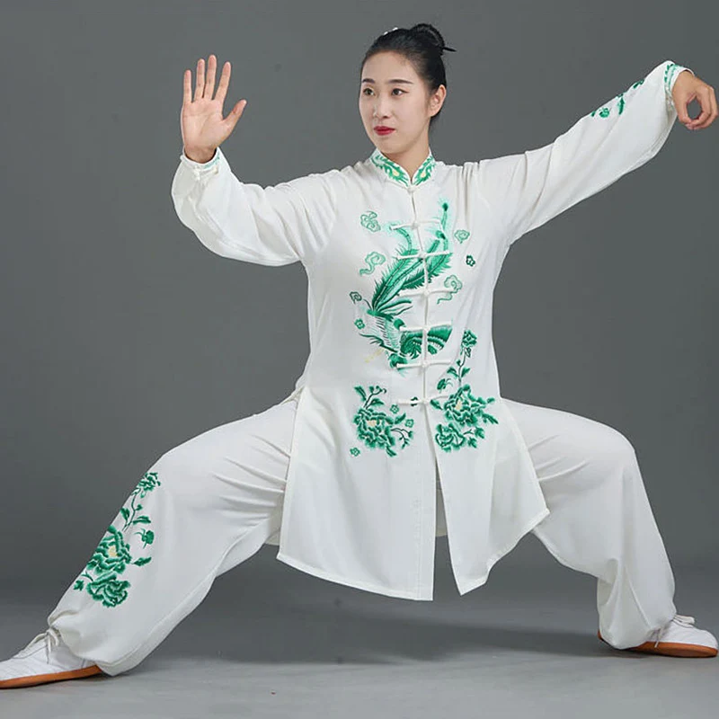 Custom Green Phoenix Tai Chi Suit, Women's Double Silk Linen Practice Wear for Spring/Autumn