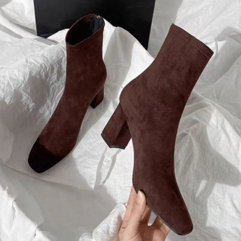 

Brown Short Boots Women's High Heels New Faux Fur Material Back Zipper French Ankle Boots Chunky Heel Elastic Square Toe Boots
