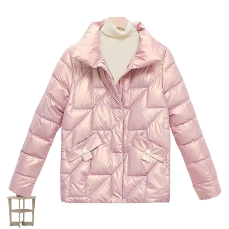 Chaqueta de plumón de algodón brillante para mujer, Parka cálida informal con cuello levantado, abrigo corto, prendas de vestir femeninas, novedad de invierno, 2024