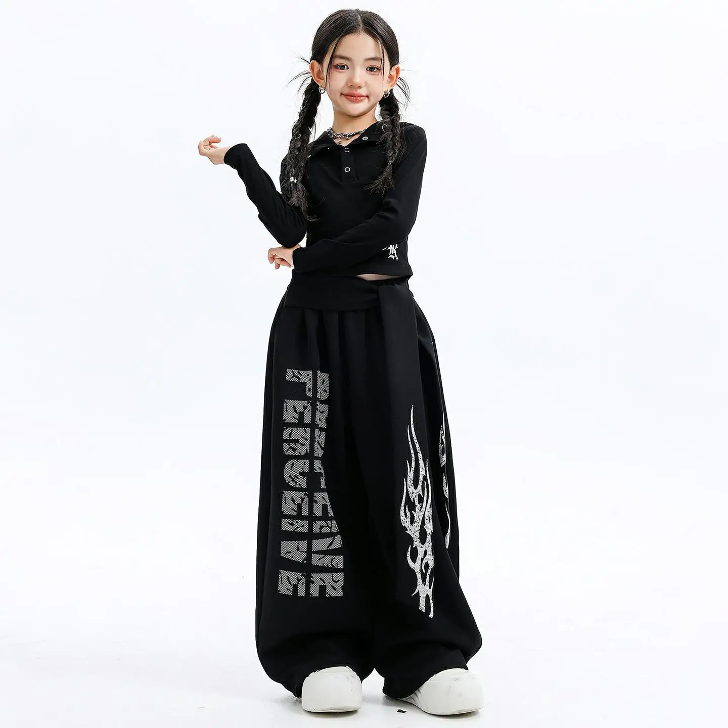 

Kid Kpop Hip Hop Clothing Black Hoodie Crop Sweatshirt Top Casual Flame Print Sweat Pants for Girl Dance Wear Costumes Clothes
