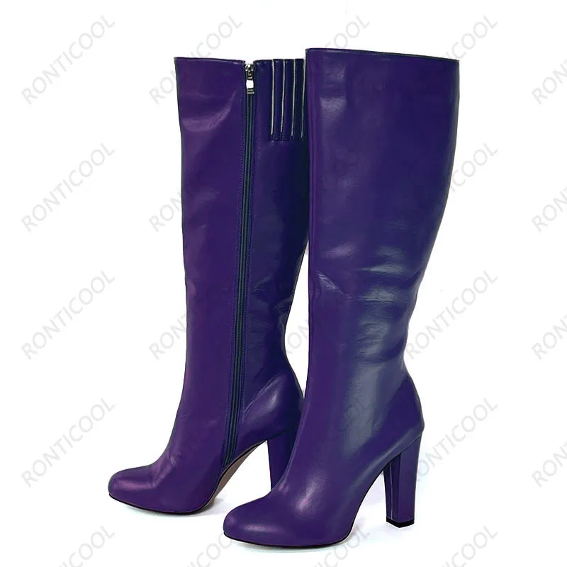 Ronticool Handmade Women Winter Knee Boots Faux Leather Side Zipper Chunky Heel Round Toe Classic Black Shoes Plus US Size 5-20