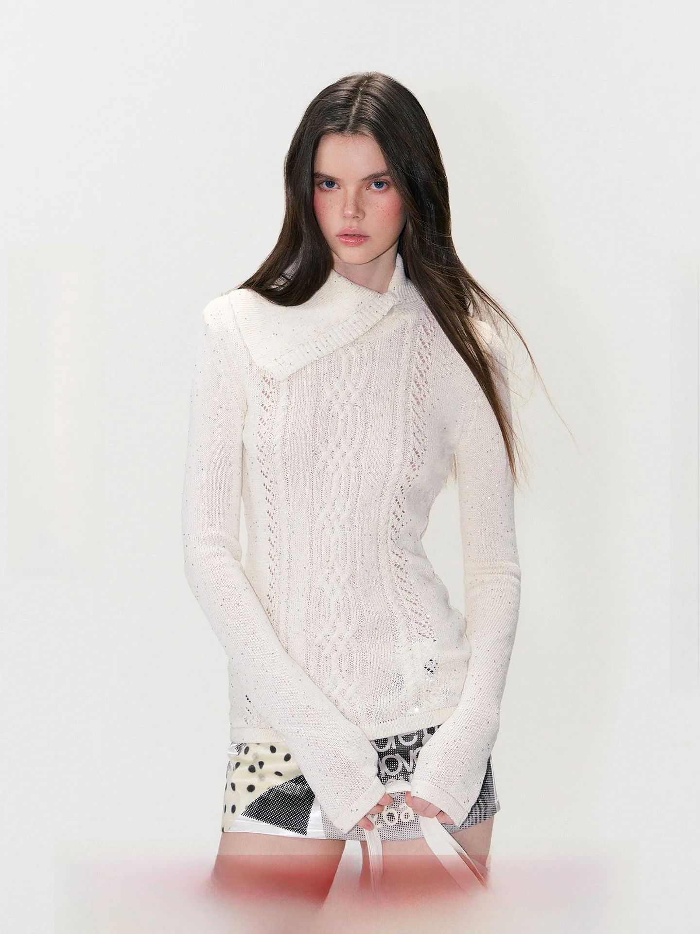 

iny Sequin Knitwear Slim Fit Turn-down Collar Overhead Girl Hot Sle NeverMore Drown in Sunset Long Sve Polyester Fiber