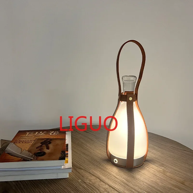 Nordic Atmosphere Creative Glass Bottle LED Table Lamp Leather Bedroom Bedside Bar Portable Outdoor Camping Light Charging Art