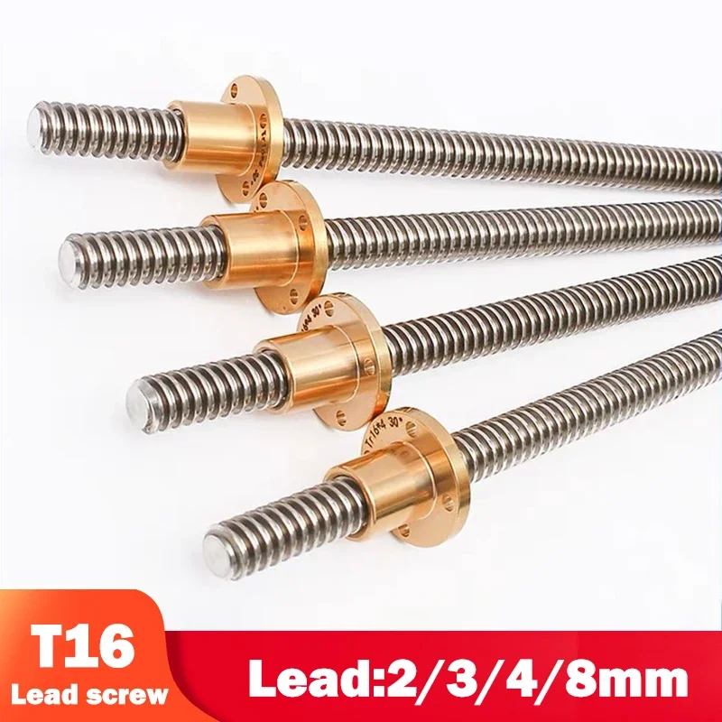 

T16 lead screw diameter16mm lead 2mm 4mm 8mm pitch 2mm 3mm 4mm length 100mm to 600mm with Brass nut CNC 3D Printer Accessories