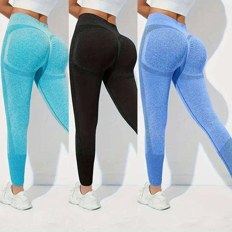 Yoga Basic 3pcs Fitness Gym Tights Seamless Hip-hugging Tummy Control Yoga Leggings With Punch Out Holes