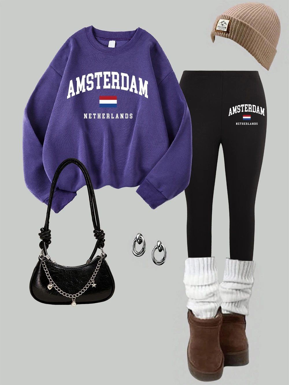 

Женские толстовки с принтом флага Амстердама Нидерландов, леггинсы, комплект, зимние теплые флисовые штаны с капюшоном, уличная женская одежда