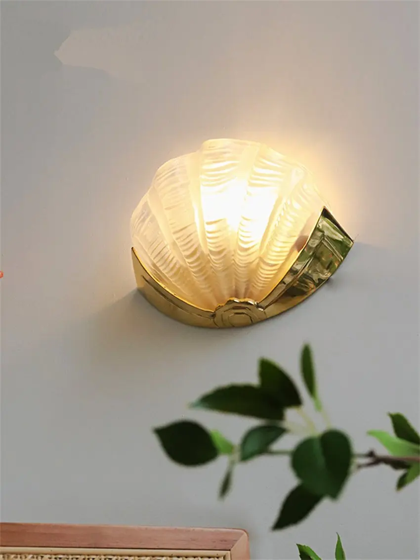 Nordic brass shell glass decorative wall lamps French living room bedroom hallway study bathroom mirror front lamp fixtures