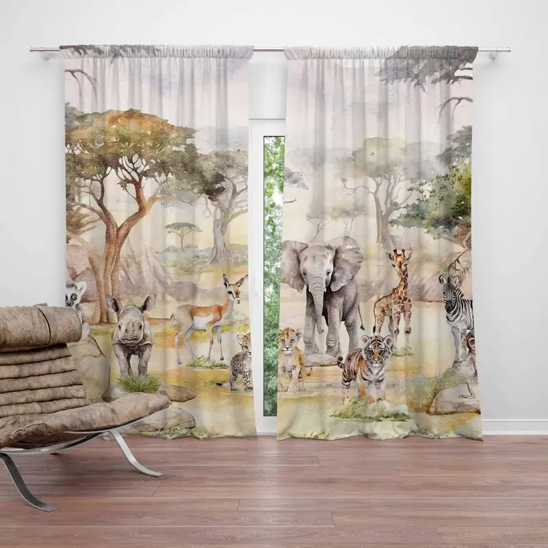 Safari Animals Nursery Curtains Kids Bedroom Curtains Black Out Nursery Decor Baby Room Bedroom Living Room Curtains